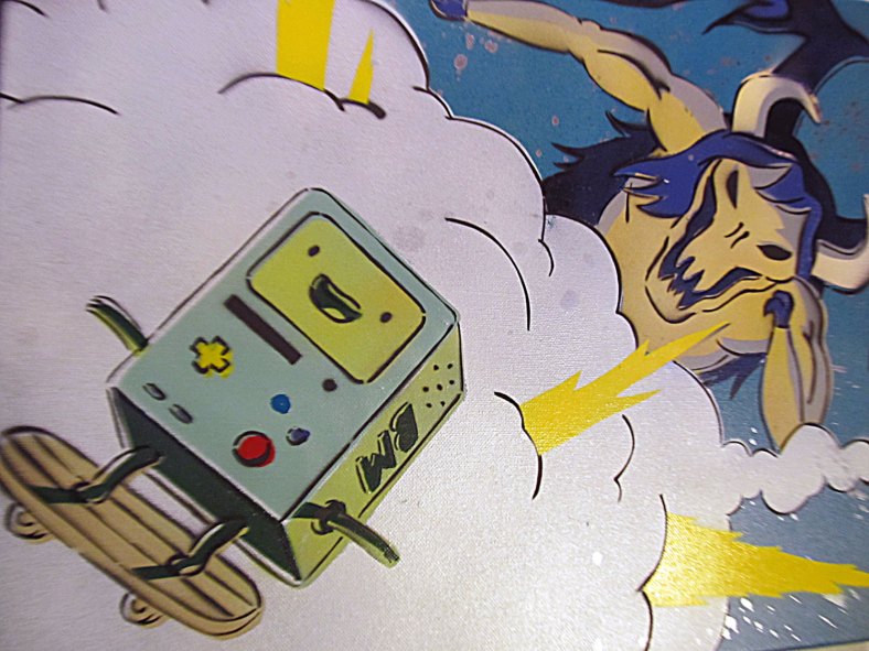 Spray paint stencil art - Adventure Time - Bmo skateboard explosion with Marceline the Vampire